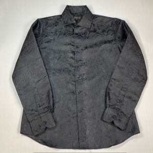 DiBanGu Mens Black Paisley Silk Blend Jacquard Long Sleeve Button Down Shirt M